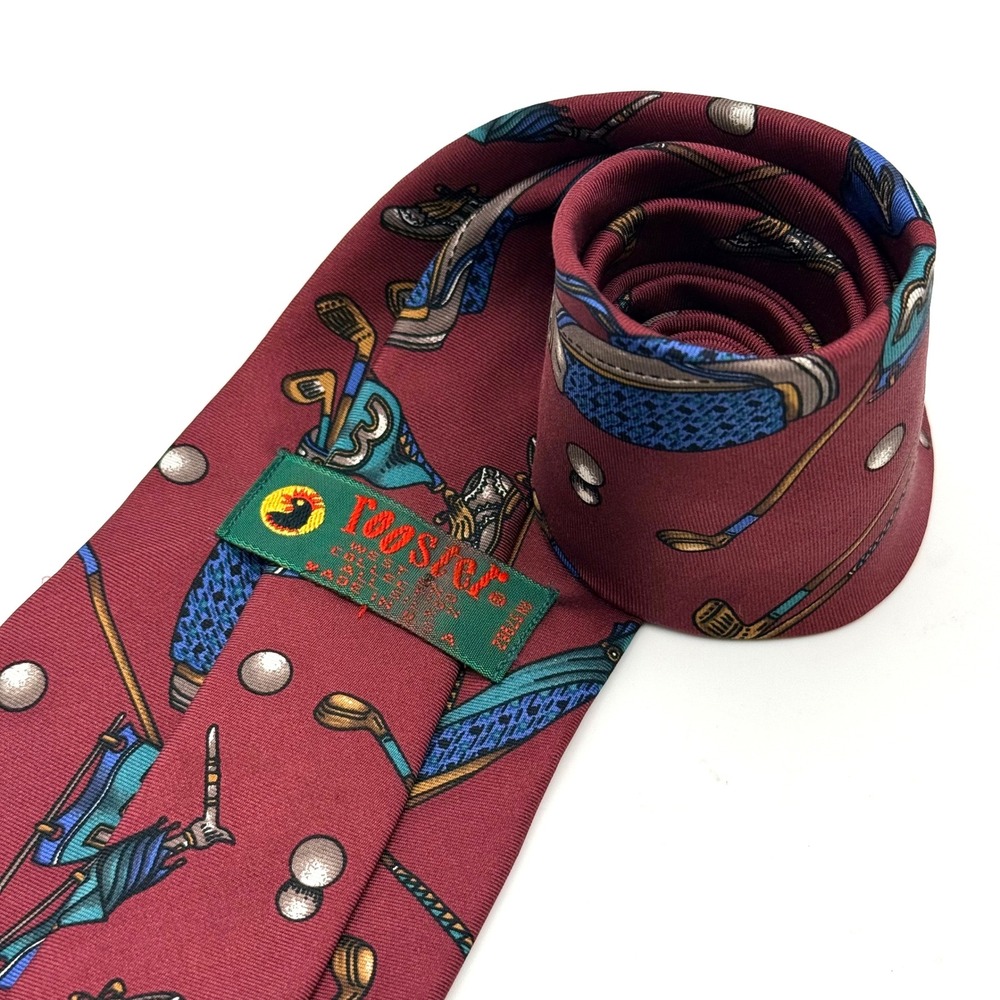 Rooster Mens Silk Tie Burgundy Golf Clubs Bags Shoes Novelty Print Made in USA